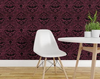 Gothic Victorian Peel and Stick Wallpaper - Bats Halloween Skulls - Removable Wall Decor Art - Mephistophelean Damask by peppers_patterns