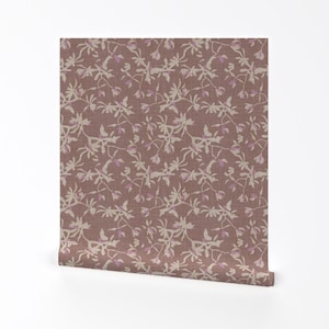 Floral Wallpaper - Kalami Blossom Eggplant By Holli Zollinger - Mauve Custom Printed Removable Self Adhesive Wallpaper Roll by Spoonflower