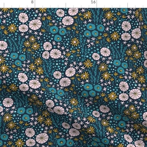 Ditsy Floral Fabric - Garden Flower Joy By Asya Su - Teal Blue Floral Small Scale Springtime Cotton Fabric By The Yard With Spoonflower