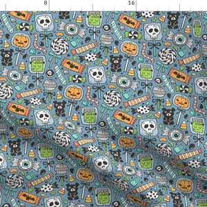Halloween Candy Fabric - Trick Or Treat Halloween Fall Candy On Dark Blue Navy By Caja Design - Cotton Fabric By The Yard With Spoonflower