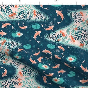 Koi Fish Fabric - World Waterways By Garabateo - Water Gardens Oriental Fish Orange Koi Carp Cotton Fabric By The Yard With Spoonflower