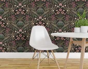 Carta da parati adesiva damascata scura e suggestiva - Rose, ellebori e motivi botanici - Decorazione murale rimovibile - Papavero Art Nouveau di misentangledvision