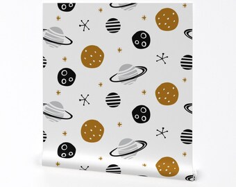 Space Wallpaper - Space Planets Moon Galaxy Large By Paperandpickles - Custom Printed Removable Self Adhesive Wallpaper Roll by Spoonflower