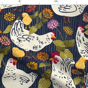 Farmhouse Chicken Fabric - Chicken Coop by ramarama - Shabby Chic Dark Blue Large Scale Hens Chickens Fabric by the Yard by Spoonflower