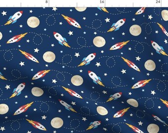Rockets Fabric - Rockets - Larger Scale By Hazel Fisher Creations - Rockets Spaceships Moons Blue Cotton Fabric By The Yard With Spoonflower