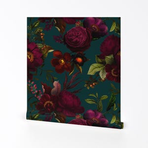 Papel pintado autoadhesivo desprendible con flores vintage - Rosas victorianas florales y botánicas - Decoración de pared - Antes de medianoche de utart