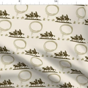 Cowboy Wild West Beige Fabric - Team Ropers Brown By The Rural Rose - Cowboy Beige Horses Cotton Fabric By The Yard With Spoonflower