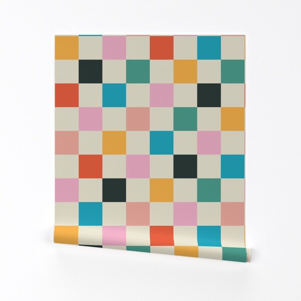 Retro Checkerboard Wallpaper - Bright Mid-century Check by stephaniewest - Pink Orange Removable Peel and Stick Wallpaper by Spoonflower