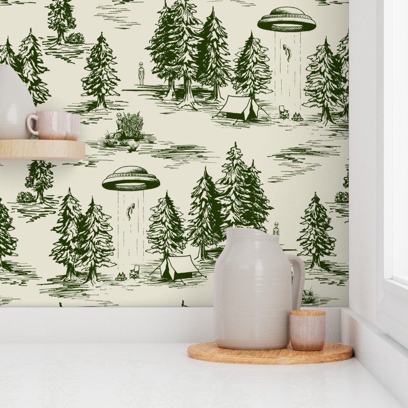 Alien Toile Wallpaper Green & Cream Alien Abduction by somecallmebeth Whimsical Ufos Removable Peel and Stick Wallpaper by Spoonflower image 7