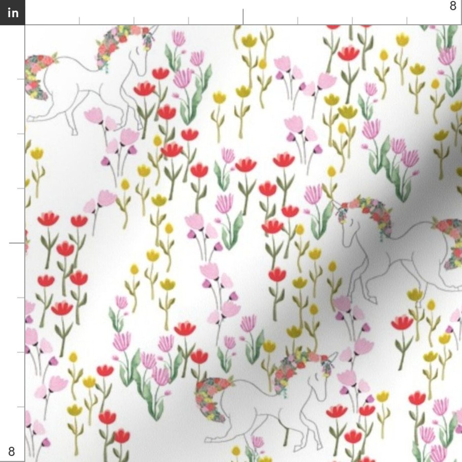 Unicorn Fabric Unicorns in Flower Field White by Etsy
