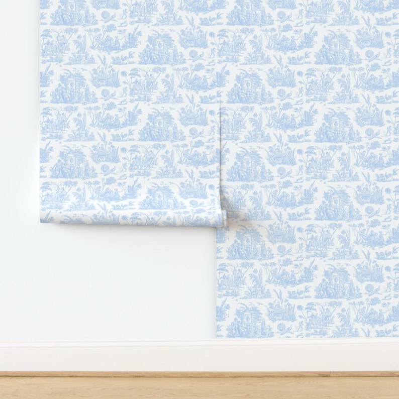 Papel pintado Toile - Toile de Marsella de Peacoquettedesigns - Papel pintado autoadhesivo francés removible para habitación infantil en color azul bebé de Spoonflower imagen 4