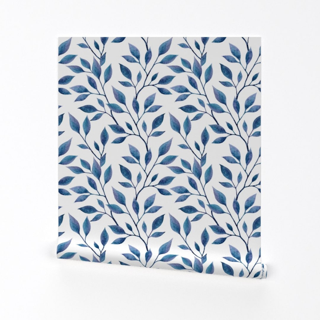 Blue Vines Wallpaper Magic Leaves Pattern by Flaxlynx Etsy
