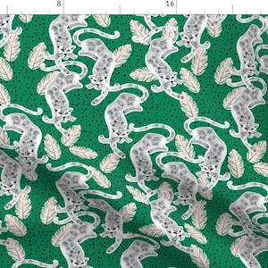 Jaguars On Green Fabric - Tropicana Jaguar (Emerald) By Nouveau Bohemian - Jaguar Cat Feather Dot Cotton Fabric By The Yard With Spoonflower