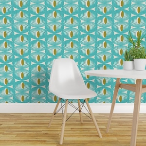 Retro Geometric Fabric - Oculus Mid Century By Heatherdutton - Aqua Green 1950s Atomic Removable Self Adhesive Wallpaper Roll by Spoonflower
