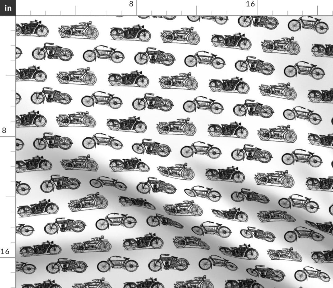 Motorcycle Fabric Vintage Black on White Antique Motorcycles Motorbikes