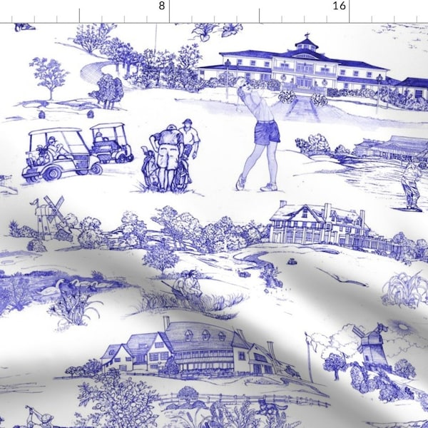 Hamptons Fabric - Hamptons Golf- Original By Mcsparrandesign - Golf Course Toile Blue China Cotton Fabric By The Yard With Spoonflower