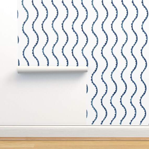 Nautical Stripe Wallpaper Watercolor Waves Navy by Etsy