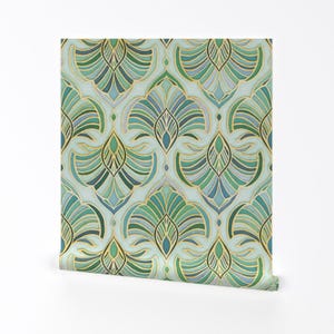 Carta da parati Art Deco - Ventagli Art Deco in smalto giada di Micklyn - Rotolo di carta da parati autoadesiva rimovibile verde blu giallo anni '20 di Spoonflower