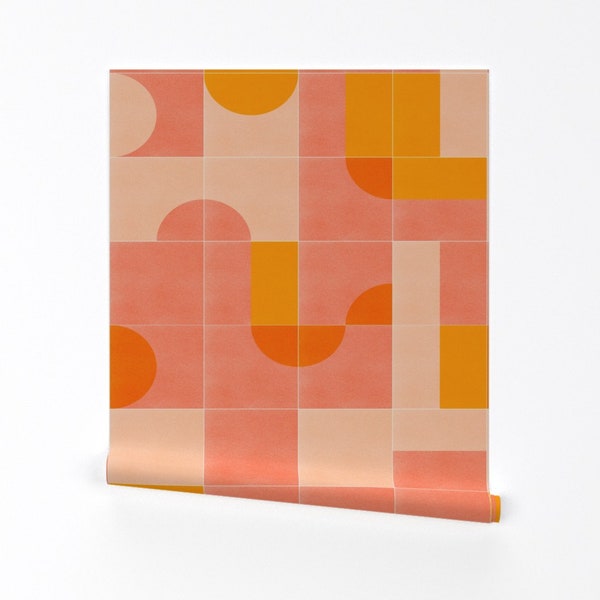 Orange Geometric Wallpaper - Retro Tiles by designdn - Abstract Coral Summer Tiles Removable Peel and Stick Wallpaper by Spoonflower