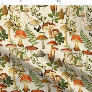 Retro Mushrooms Fabric - Mushroom Forest by fischkandi - Beige Fungus Green Botanical Plants Fabric by the Yard by Spoonflower