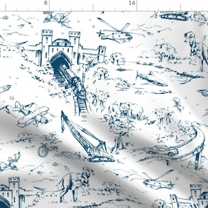 Navy Fabric - Adventure Toile_indigo by pattern_state -  Planes Trains Bears Dragons Dinosaurs Space Kids Fabric by the Yard by Spoonflower