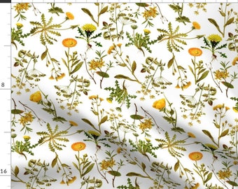 Yellow Wildflowers Fabric - 10" Yellow Vintage Botanical Wildflowers On White By Utart - Yellow Wildflowers Fabric With Spoonflower