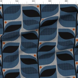 May include: A repeating pattern of blue and black leaves with orange dots on a light gray background. The pattern is a modern design with a retro feel.