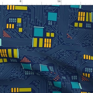 May include: A blue and white circuit board pattern with yellow, teal and orange accents. The pattern is repeated throughout the image.