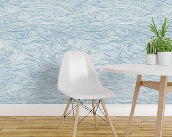 Ocean Wallpaper - Waves By Innaogando - Ocean Waves Lines Blue White Custom Printed Removable Self Adhesive Wallpaper Roll by Spoonflower