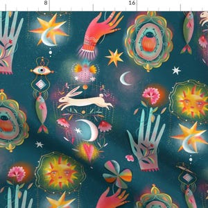 Protection Fabric - Magical Talismans By Miraparadies - Teal Yellow Mystical Divinity Stars Moon Cotton Fabric By The Yard With Spoonflower