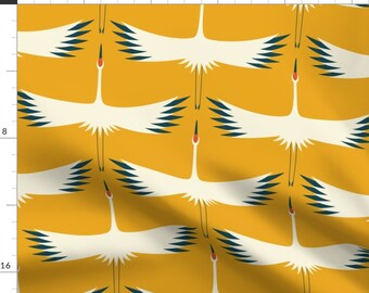 Mid Century Gold Fabric - Whooping Cranes by katerhees - Mustard Yellow Retro Traditional Abstract Birds Fabric by the Yard by Spoonflower