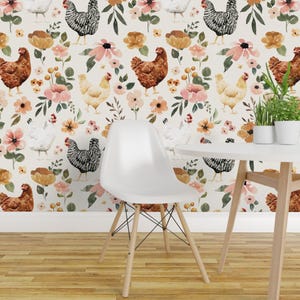 Papel pintado removible estilo granja - Gallinas pintadas - Decoración de pared - Gallinas florales en acuarela por cateandrainn