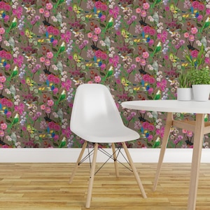 Birds Wallpaper - Birds And Blooms Chinoiserie Fawn By Ceciliamok - Custom Printed Removable Self Adhesive Wallpaper Roll by Spoonflower