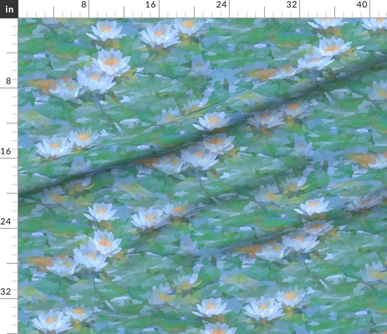 Impressionist Fabric Misty Victorian Lotus by yogiyarntailandme Lily Pad Green Periwinkle Fabric by the Yard by Spoonflower image 3