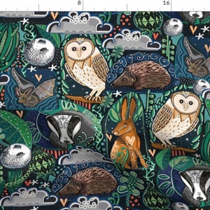 Nocturnal Animals Fabric - Moonlit Woodland Walks By Slumbermonkey - Owls Rabbit Opossum Badger Cotton Fabric By The Yard With Spoonflower