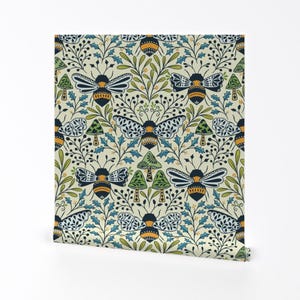 Bumblebee Removable Peel and Stick Wallpaper - Nature Damask Botanical Mushroom - Wall Art Wall Decor - Bee Kingdom Blue by ozdebayer
