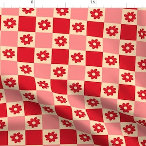 Modern Daisies Fabric - Daisy Checker by designmindsboutique - Red Pink Cream Checkerboard Retro Hippie Fabric by the Yard by Spoonflower