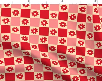 Modern Daisies Fabric - Daisy Checker by designmindsboutique - Red Pink Cream Checkerboard Retro Hippie Fabric by the Yard by Spoonflower