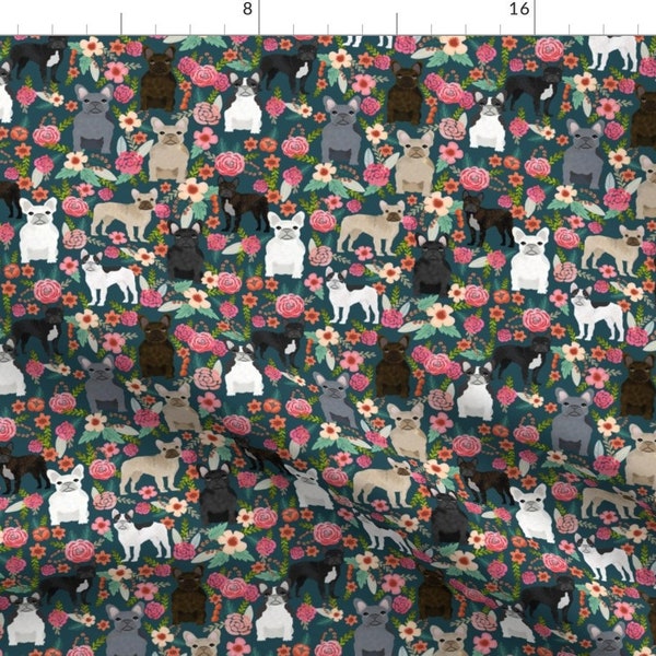 Floral French Bulldog Fabric - Frenchie Florals Fabric By Petfriendly-  Floral Dog Modern Decor Cotton Fabric By The Yard With Spoonflower