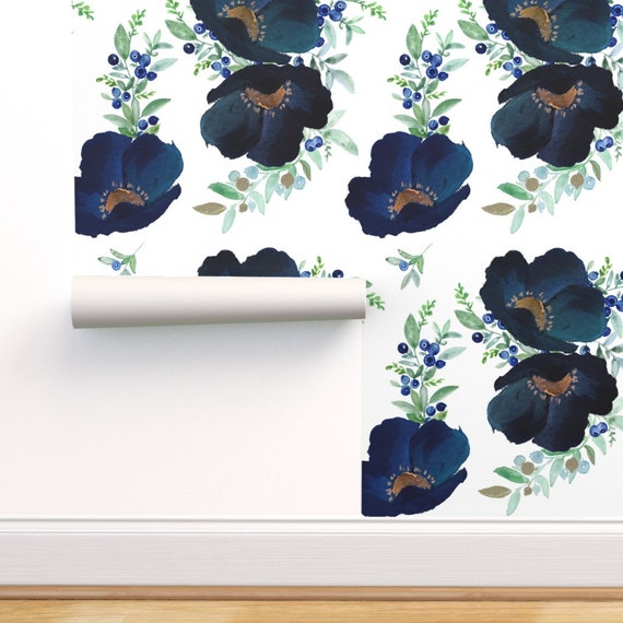Peel-and-Stick Removable Wallpaper Blueberry Florals Watercolor Wedding Blue