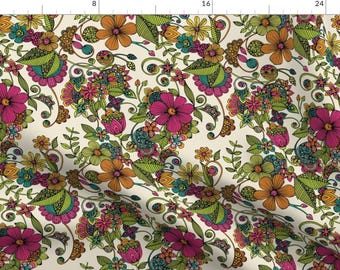 Bold Floral Fabric - Maia By Valentinaharper - Flowers Floral Botanical Coloring Book Doodle Pink Cotton Fabric By The Yard With Spoonflower