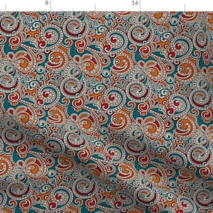 Paisley On Teal - 1960s 1970s Red Orange Blue Colorful Hippie Hippy Swirls By Whimzwhirled - Cotton Fabric By The Yard With Spoonflower