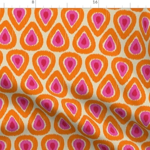 Ikat Fabric - Med Pink And Orange Drops On Neutral Bright Summer Citrus Tribal By Shellypenko - Cotton Fabric By The Yard With Spoonflower