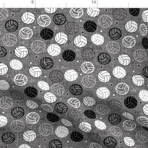 May include: A seamless pattern featuring black and white volleyball illustrations on a gray background. The pattern is perfect for fabric, wallpaper, or other creative projects.