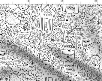 Woodland Fabric -Color Me Woodland Animals By Sarah Treu- Woodland Animals Coloring Book Children Cotton Fabric By The Yard With Spoonflower
