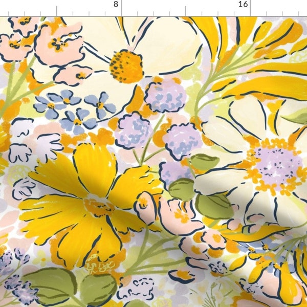 Sunny Yellow Floral Fabric - Garden Party  by fineapple_pair - Lavender Botanical Country Home Wildflower Fabric by the Yard by Spoonflower