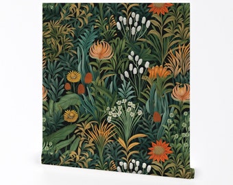 Grüne Blumentapete – Deko-Wildblumen von Seamless_surface_design – Orangendistel abnehmbare Peel-and-Stick-Tapete von Spoonflower