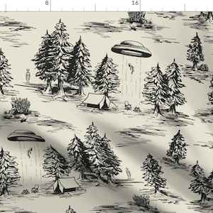 Alien Toile Fabric - Alien Abduction Toile De Jouy by somecallmebeth - Black Space Alien Aliens Toile Ufos Fabric by the Yard by Spoonflower image 1