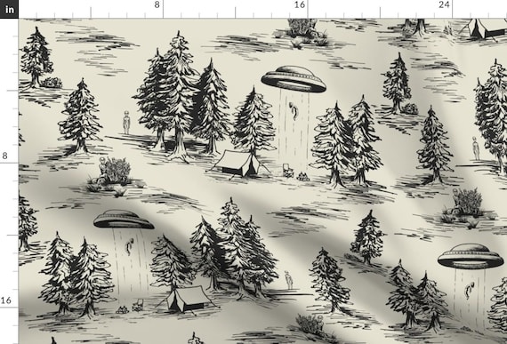 Alien Toile Fabric - Alien Abduction Toile De Jouy by somecallmebeth - Black Space Alien Aliens Toile Ufos Fabric by the Yard by Spoonflower