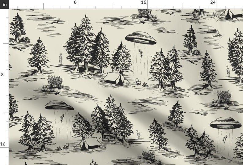 Alien Toile Fabric - Alien Abduction Toile De Jouy by somecallmebeth - Black Space Alien Aliens Toile Ufos Fabric by the Yard by Spoonflower image 1